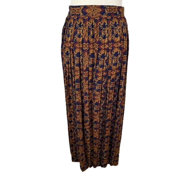 Skā& Company Navy & Gold Floral Vintage High Waist Pleated Midi Skirt - Picture 2 of 7
